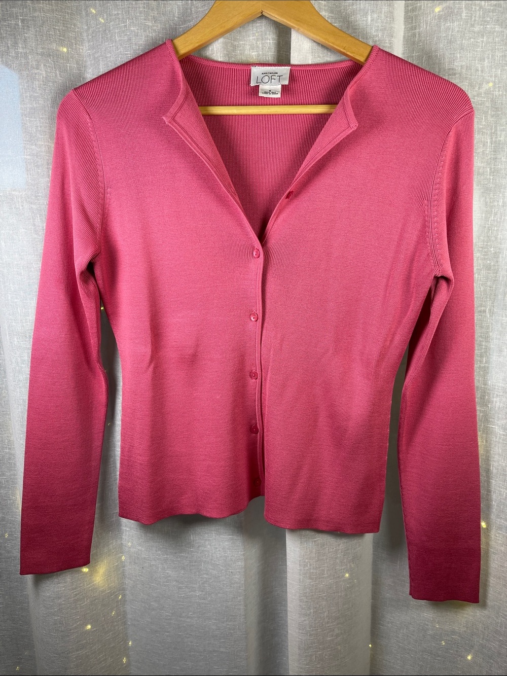 LOFT Button-Front Long Sleeve Cardigan in Raspberry - 100% silk